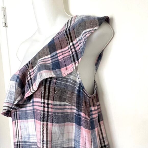 ANTHRO CLOTH & STONE PINK & BLUE PLAID ONE SHOULDER LINEN BLEND TOP SIZE LARGE - Picture 5 of 11